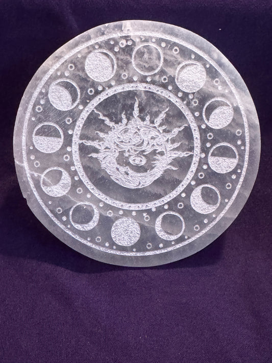 Selenite Etched Moon Cycle Crystal Plate