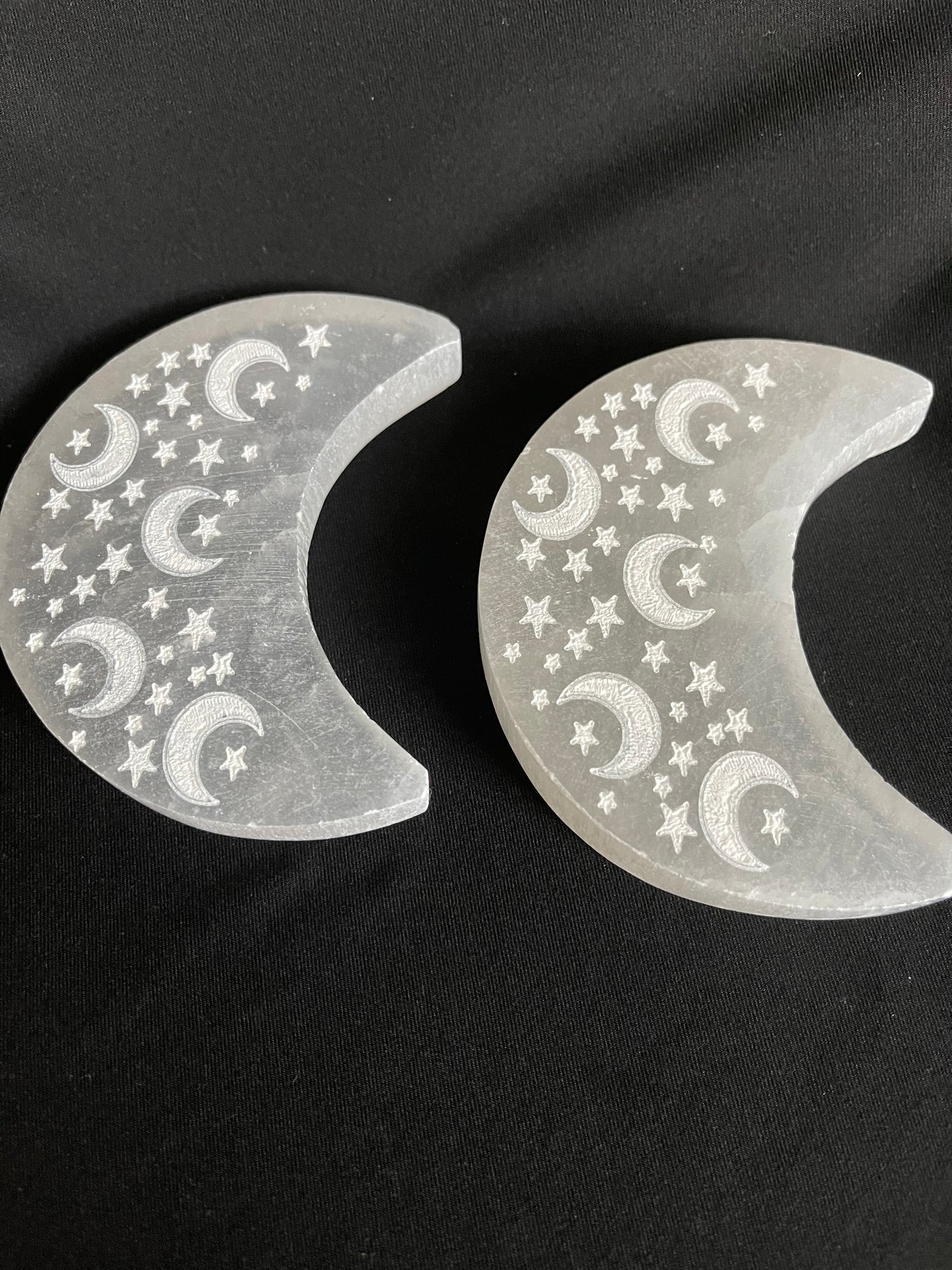 Engraved Selenite Crescent Moon Plate